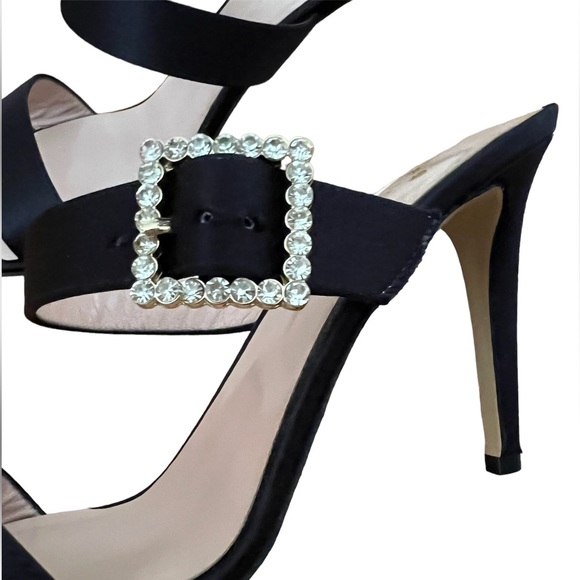 Kate Spade Vero Cuoio Black Satin Rhinestone Buckle Slide Sandals Stiletto Heel - Picture 6 of 7